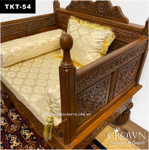 Hand-Carved Solid Wood Throne Sofa: Cushioned Takht with Luxe Pillows for Living Room Grandeur | TKT-54 (L36 W27 H37 Inches)