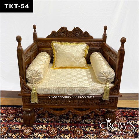 Hand-Carved Solid Wood Throne Sofa: Cushioned Takht with Luxe Pillows for Living Room Grandeur | TKT-54 (L36 W27 H37 Inches)