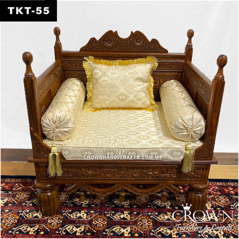 Regal Hand-Carved Throne Sofa: Solid Wood Takht with Plush Pillows for Living Room Majesty | TKT-55 (L36 W27 H37 Inches)