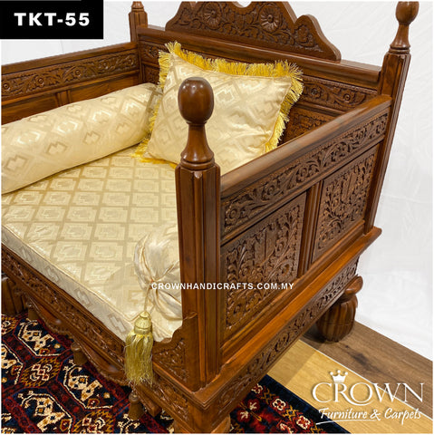 Regal Hand-Carved Throne Sofa: Solid Wood Takht with Plush Pillows for Living Room Majesty | TKT-55 (L36 W27 H37 Inches)