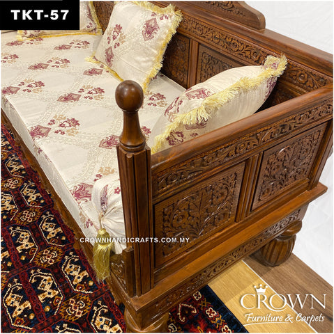 Throne-Design Takht Couch 3 Seater, Solid Wood Hand-Carved Elegance for a Living Room Makeover | Added Comfort with Fabric Cushion, Bolsters and Pillows | Wooden Sofa for Living Room | TKT-57 (L72 W27 H39 Inches)