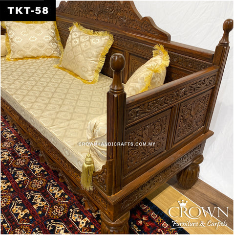 Hand-Carved 3-Seater Throne Sofa: Solid Wood Takht with Plush Cushions & Pillows | Transform Your Living Room in Regal Comfort & Elegance | TKT-58 (L72 W27 H40 Inches)