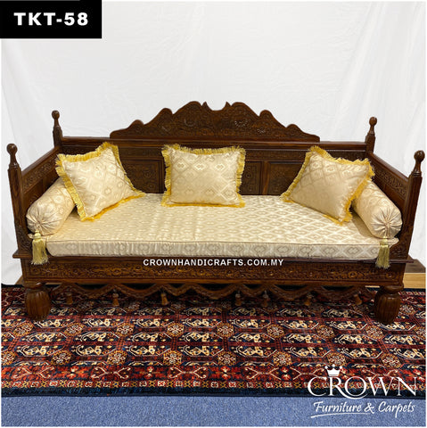 Hand-Carved 3-Seater Throne Sofa: Solid Wood Takht with Plush Cushions & Pillows | Transform Your Living Room in Regal Comfort & Elegance | TKT-58 (L72 W27 H40 Inches)