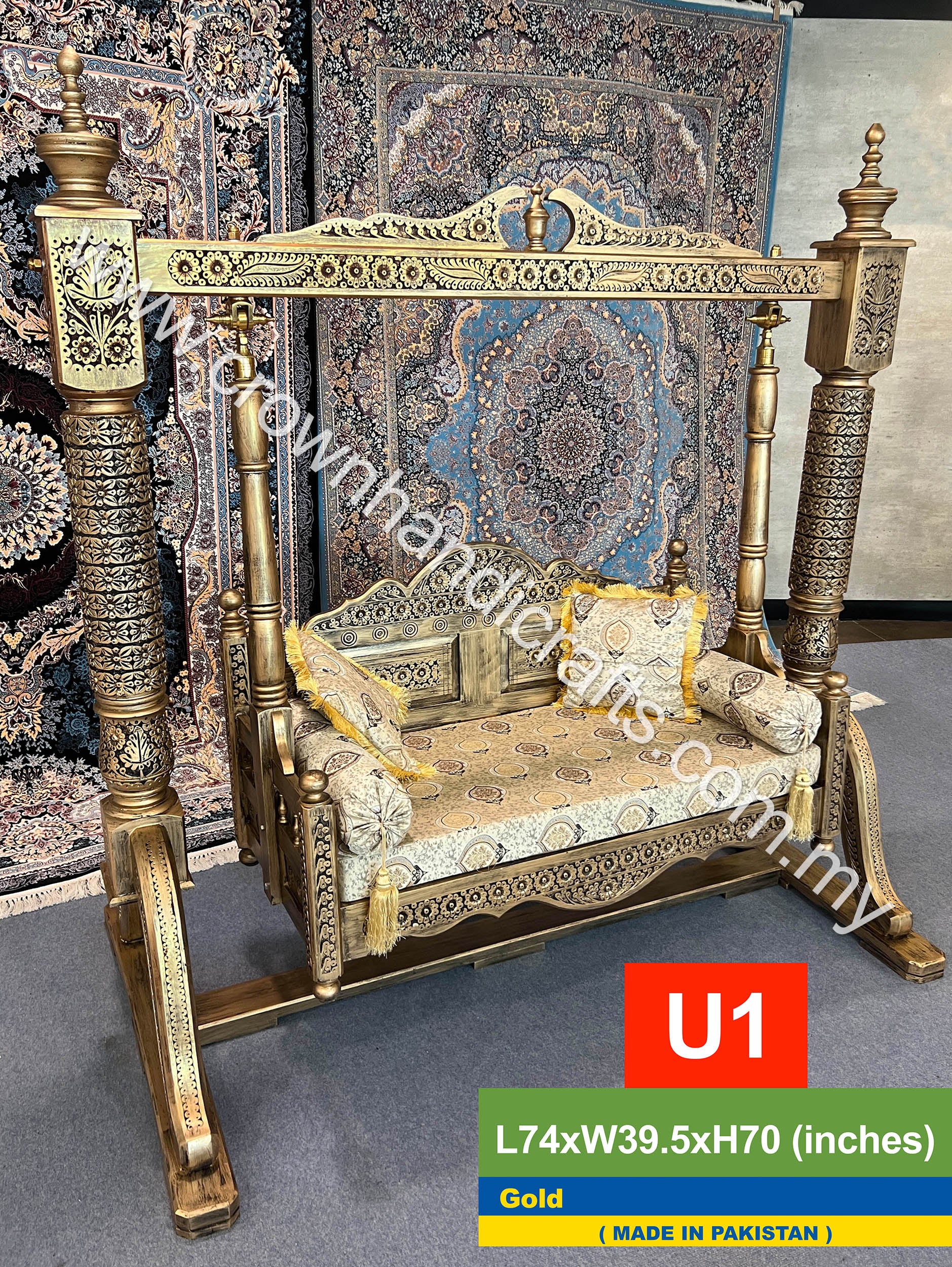 Luxurious 2-Seater Maharaja Swing Hand-Carved Rosewood, Blending Heritage Elegance with Contemporary Home Décor - U1 Gold