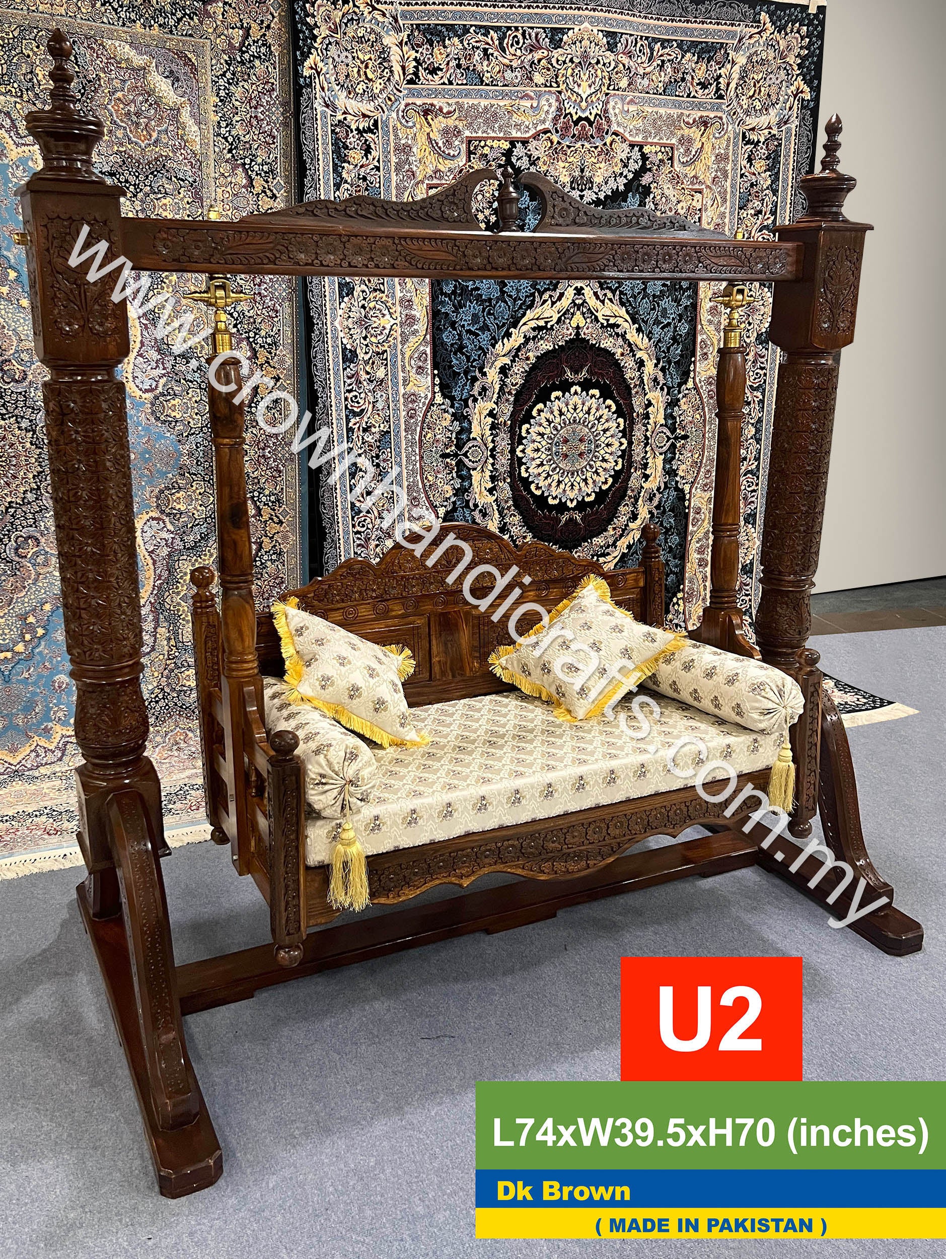 Heritage Maharaja Swing: 2-Seater Rosewood Marvel Uniting Timeless South Asian Craftsmanship with Modern Comfort - U2 Dk Brown