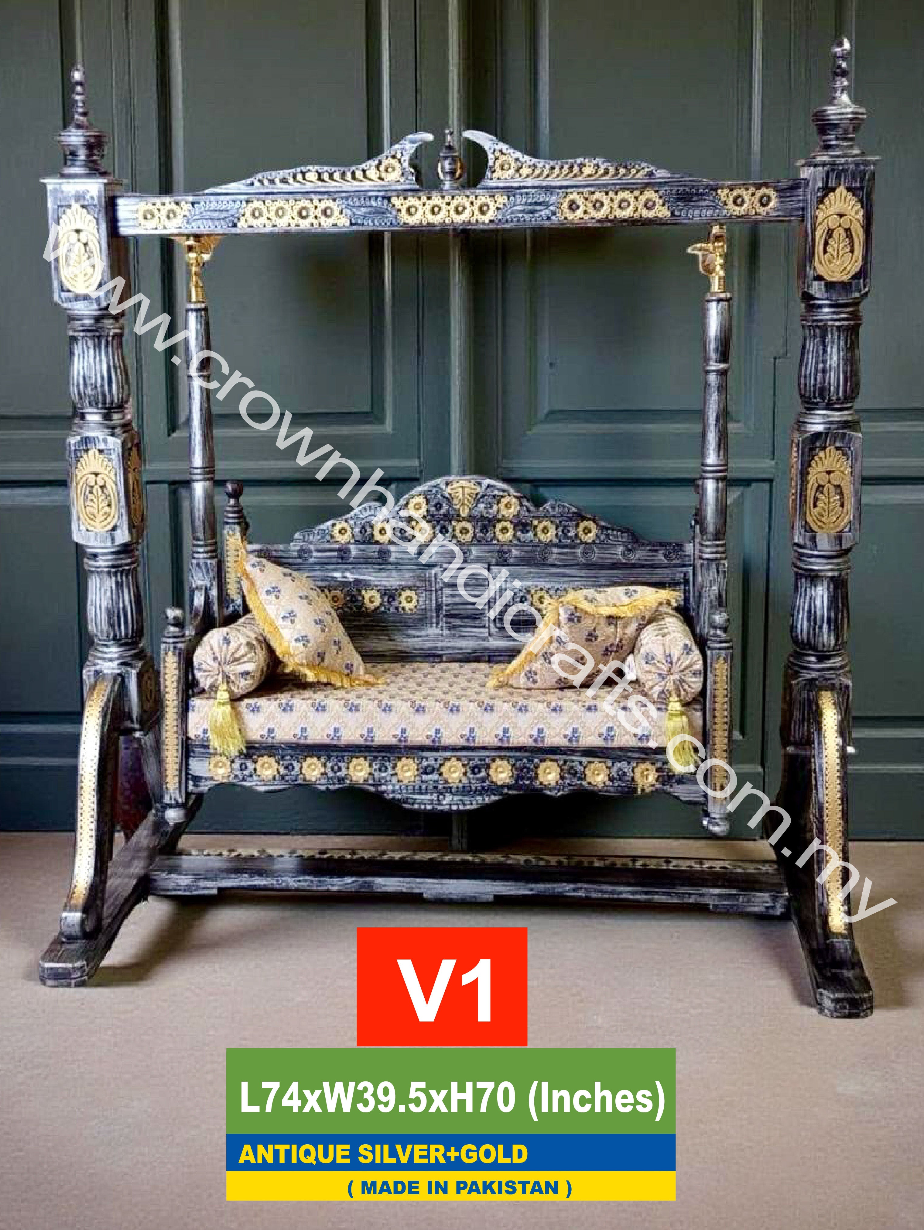 Maharaja Heritage Swing – 2-Seater Rosewood Elegance | Classic South Asian Artistry Meets Modern Living - V1 (ANTIQUE SILVER+GOLD)