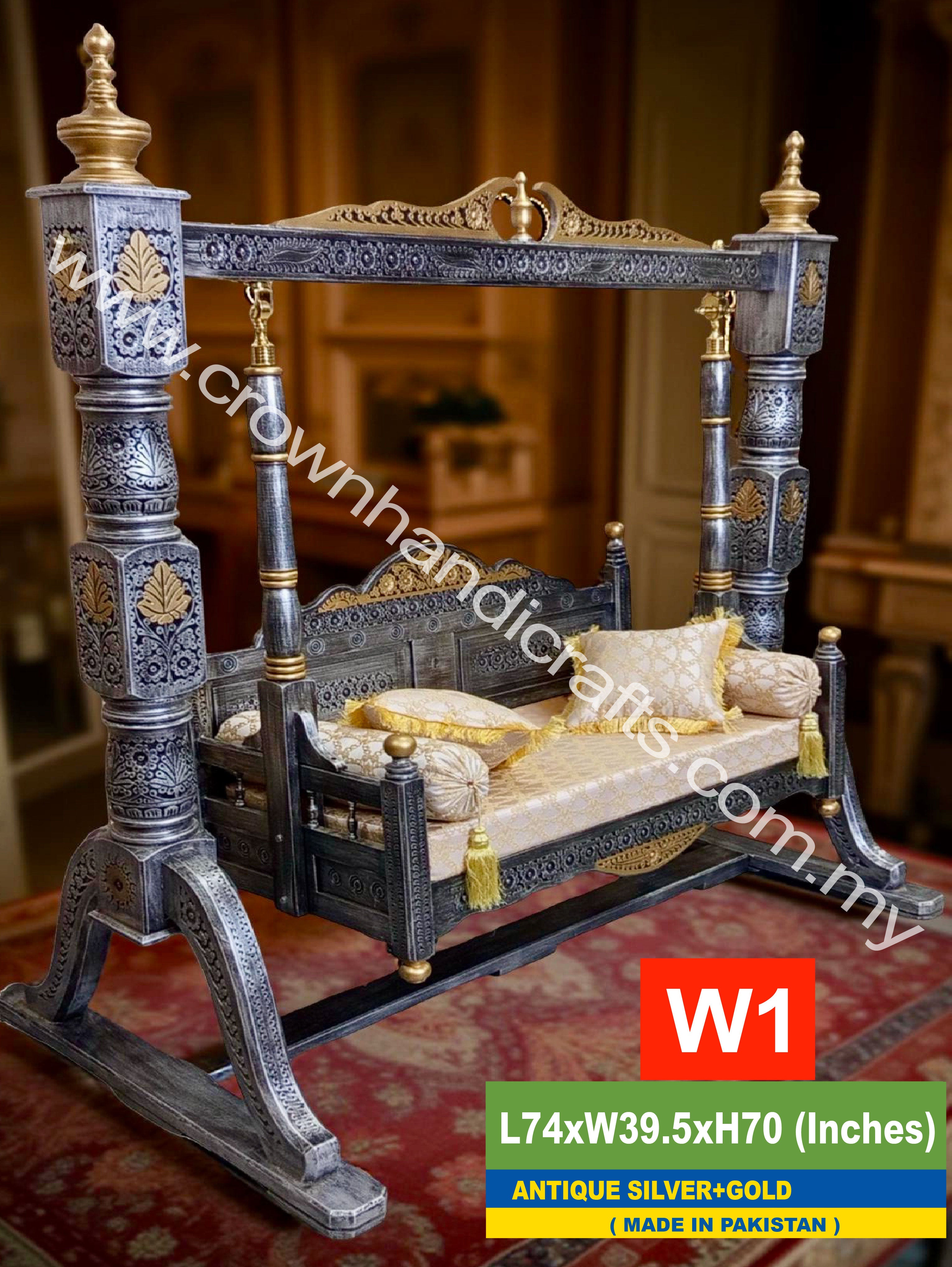 Maharaja Heritage Swing – 2-Seater Rosewood Elegance | Classic South Asian Artistry Meets Modern Living - W1 (ANTIQUE SILVER+GOLD)