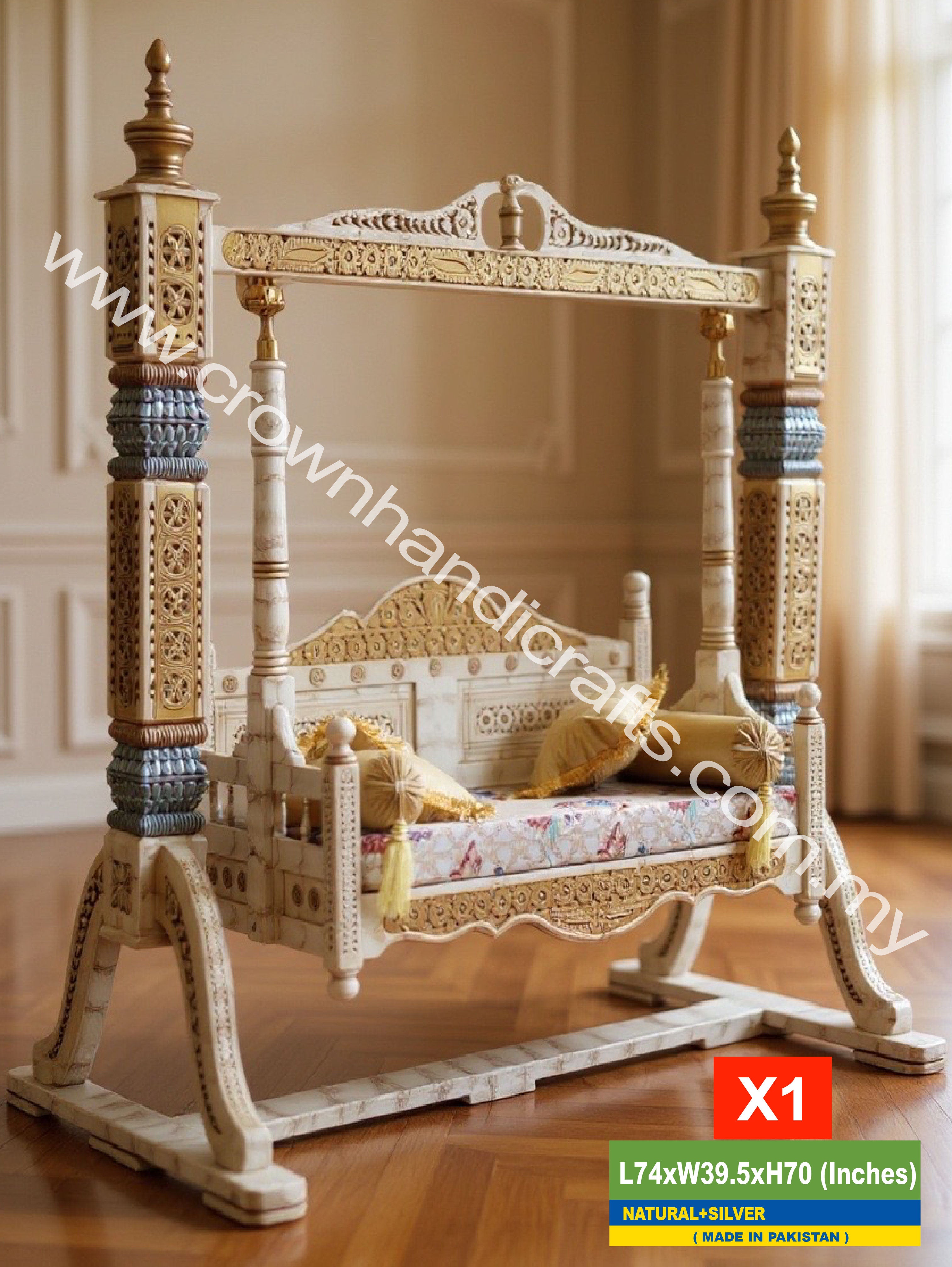 Maharaja Heritage Swing – 2-Seater Rosewood Elegance | Classic South Asian Artistry Meets Modern Living - X1 (NATURAL+SILVER)