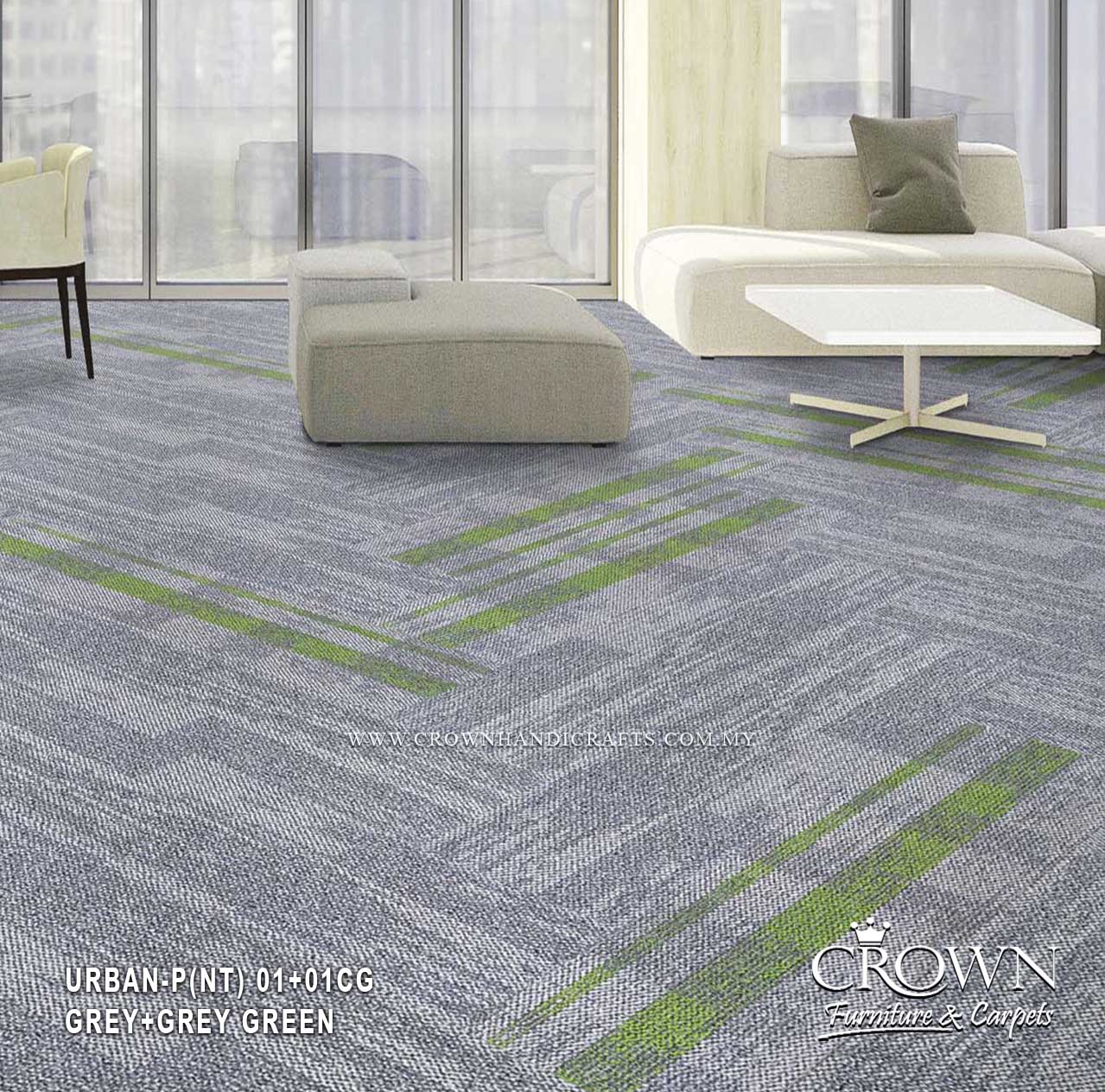 Grey carpet tiles with thin green accent lines, styled in an office/bedroom setting
