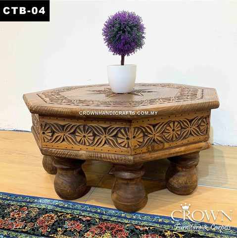 Octagon 8 corner Coffee Table Side Table Low Height Antique Style Hand Carved Star with 8 Rounded Legs | CTB-04 (L26 W26 H11 Inches)