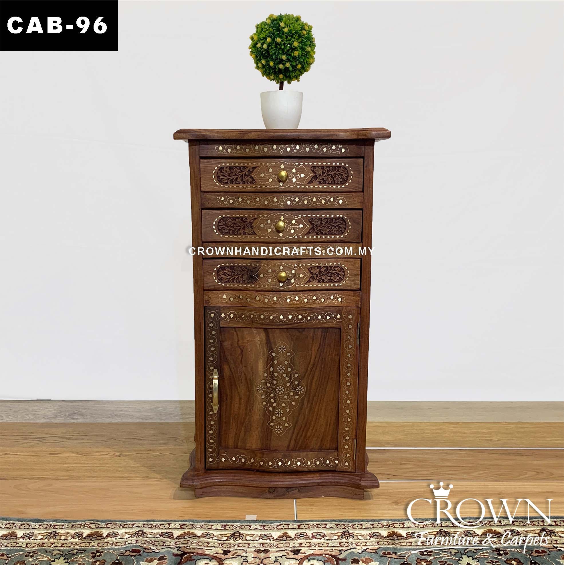 Kashmiri Indian Chester Cabinet, Intricate Carving and Brass Accent, Solid Wood Furniture Showroom in Malaysia | CAB-96 (L18 W11.5 H33 Inches)