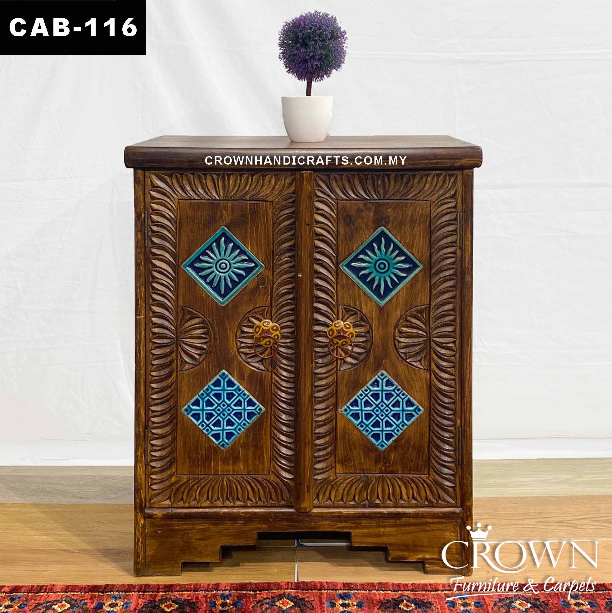 Moroccan Blue Accent Solid Wood Cabinet with 2 Door Hand Carved Furniture Shop in Malaysia | CAB-116 (L24 W15.5 H30 Inches)