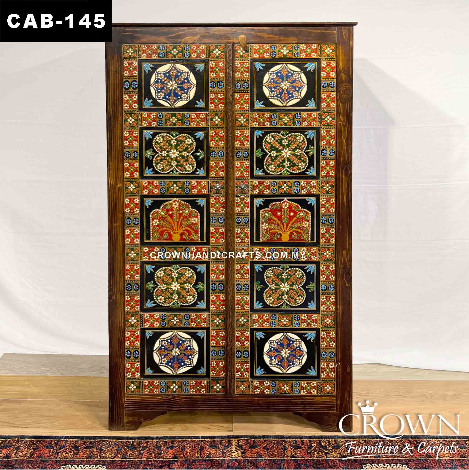 Almirah Hand Painted Bold Accent Antique Style Armoire Solid Wood Indian Heritage | CAB-145 (L42 W18 H72 Inches)