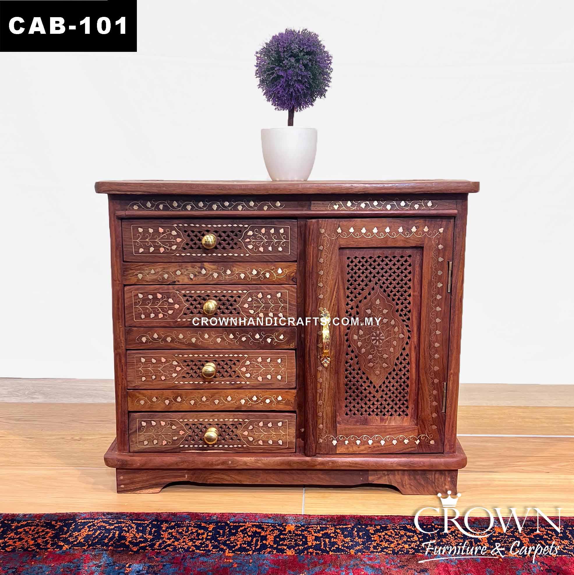 Kashmiri Indian Chester Cabinet, Intricate Carving and Brass Accent, Solid Wood Furniture Showroom in Malaysia | CAB-101 (L24 W12 H20.5 Inches)