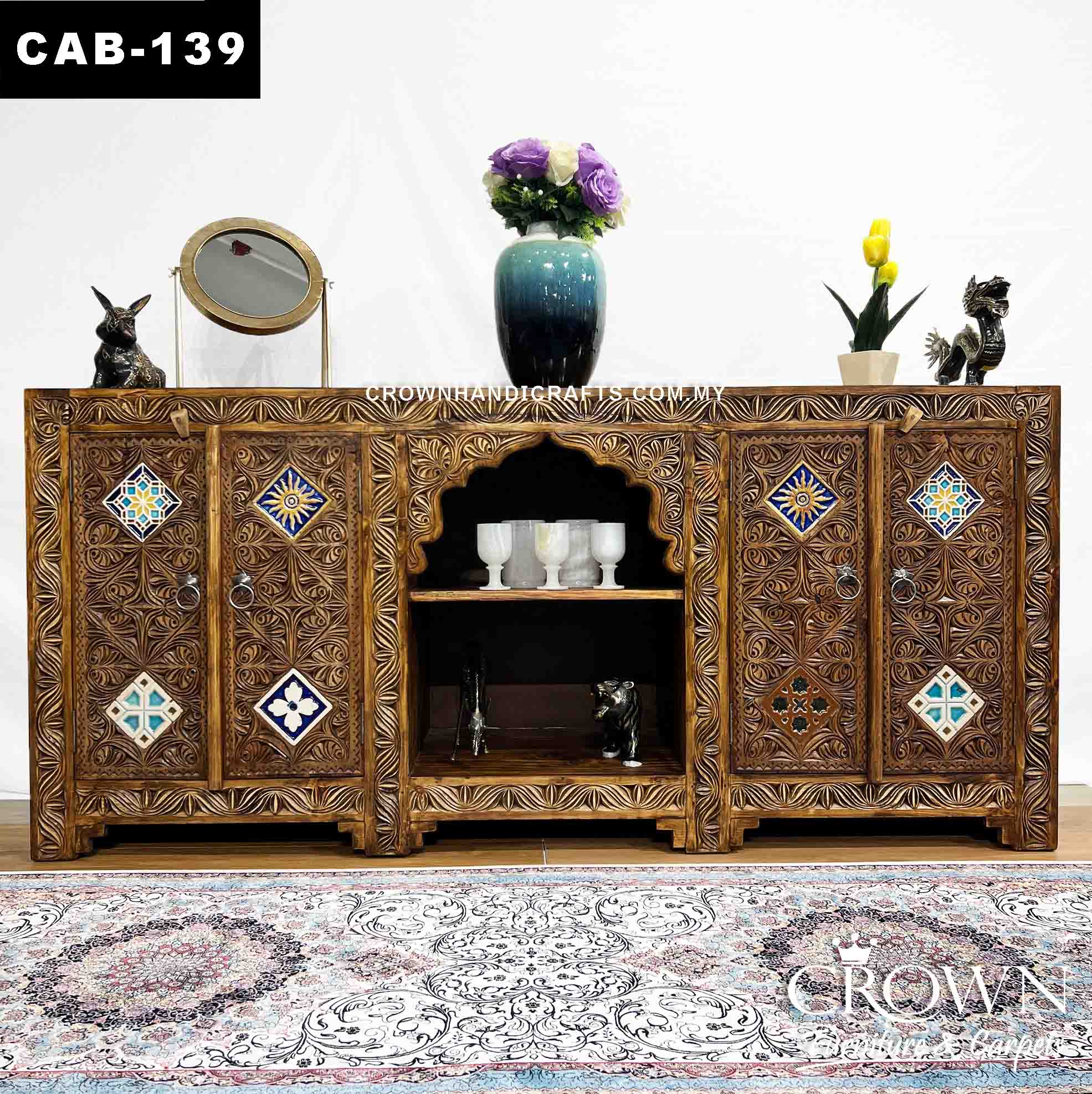 Hand Carved Display Cabinet Antique Style Indian Fusion with Moroccan Accent | Lifts up Home Interior | Solid Wood Furniture Malaysia | CAB-139 (L72 W17.5 H23 Inches)