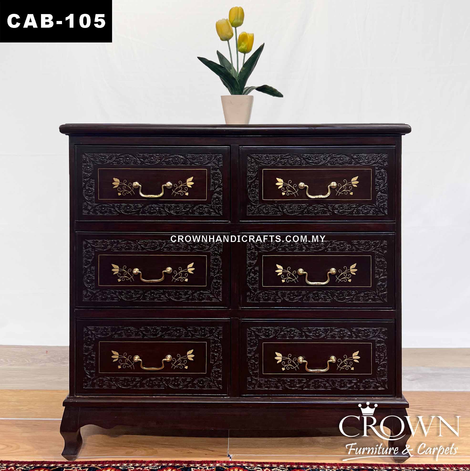 Solid Wood Cabinet 6 Drawers Hand Carving and Brass in-lay Accent, Rosewood Furniture Shop in Malaysia | CAB-105 (L36 W18 H36 Inches)