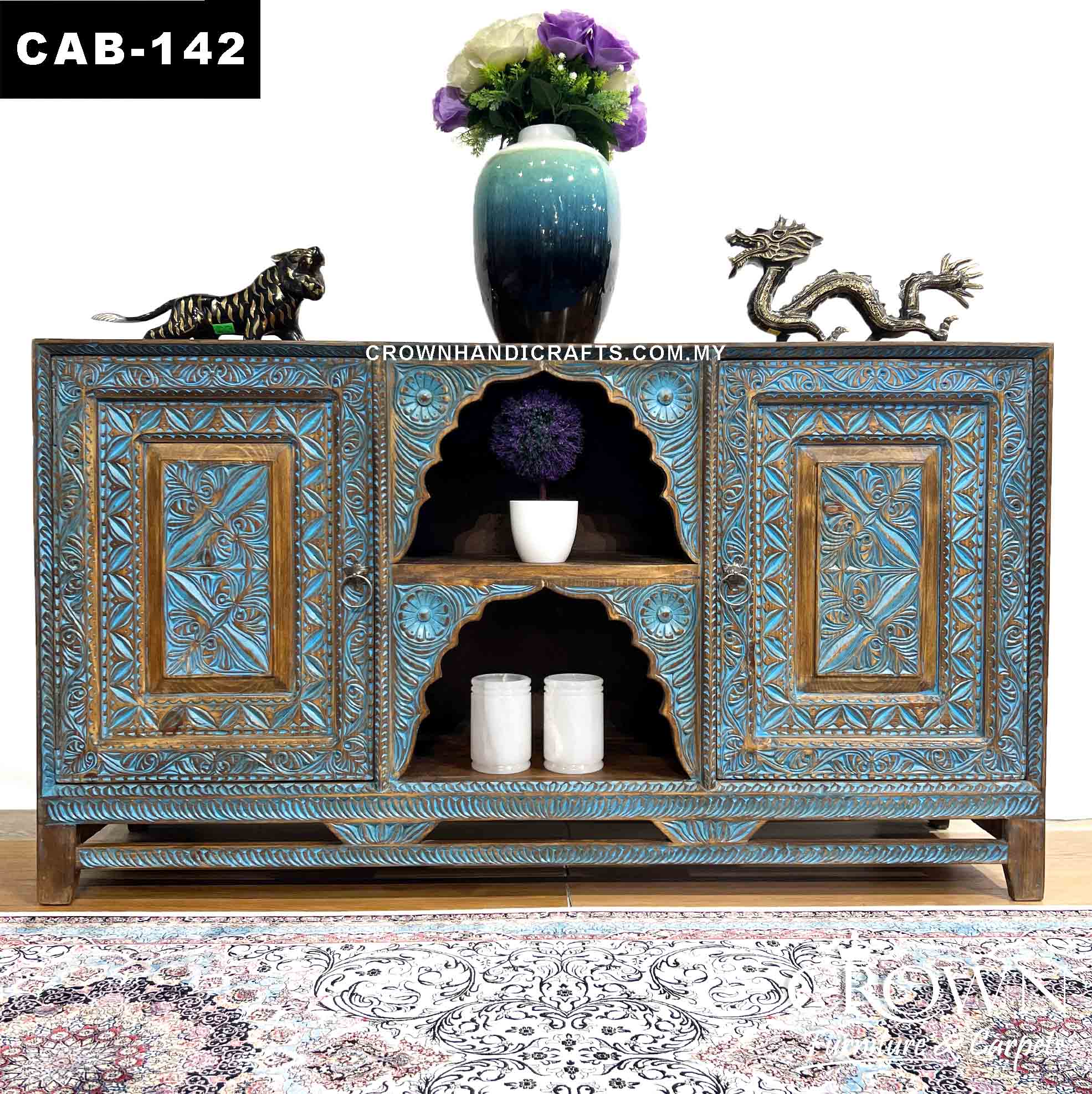 Vintage Teal Blue Display Cabinet Hand Carved Accent Furnitue Shop in Malaysia | CAB-142 (L53.9 W16 H30 Inches)