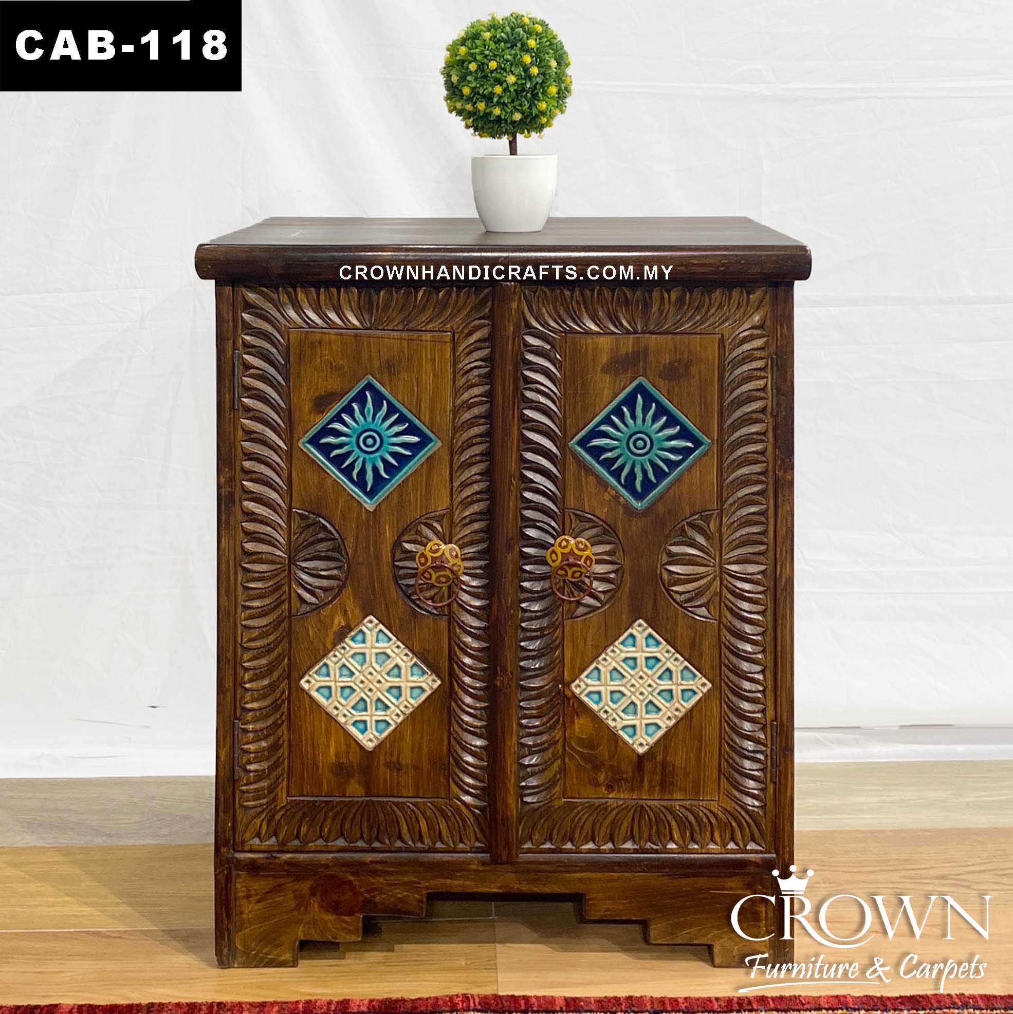 Moroccan Accent Solid Wood Cabinet with 2 Door Hand Carved Furniture Shop in Malaysia | CAB-118 (L24 W16.8 H30 Inches)