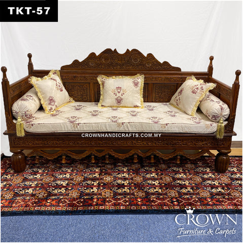 Artfully Hand-Carved 3-Seater Royal Takht-Throne Sofa in Solid Wood, Complete with Plush Cushions and Pillows | Elevate Your Living Room with Timeless Comfort & Royal Elegance | TKT-57 (L72 W27 H40 Inches)