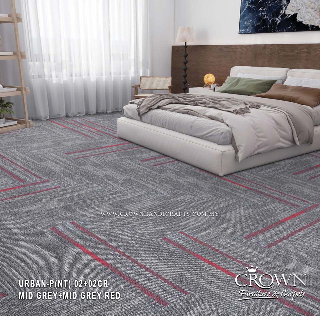 Mid grey carpet tiles with thin red accent lines, styled around a bed frame