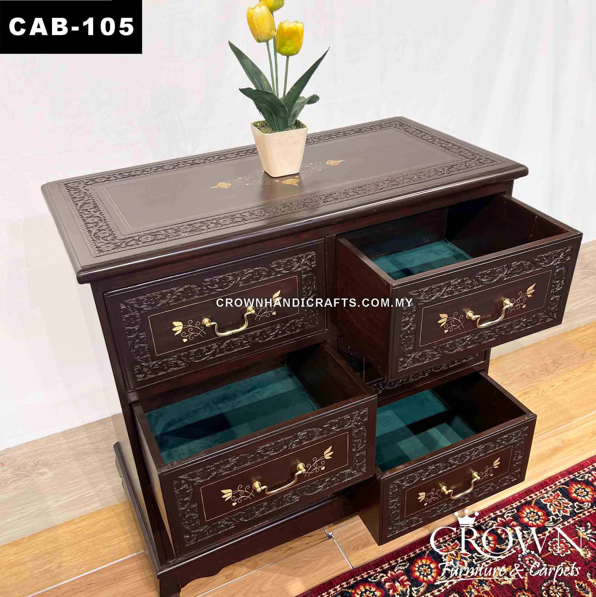 Solid Wood Cabinet 6 Drawers Hand Carving and Brass in-lay Accent, Rosewood Furniture Shop in Malaysia | CAB-105 (L36 W18 H36 Inches)