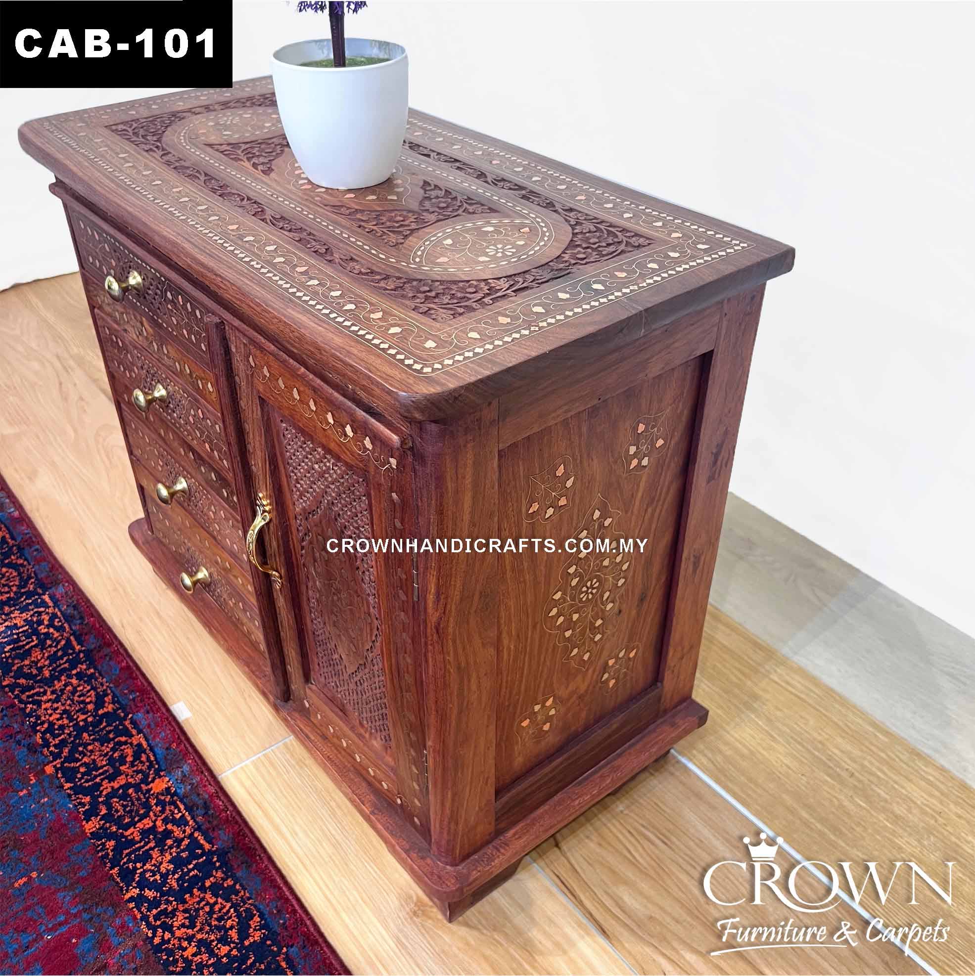 Kashmiri Indian Chester Cabinet, Intricate Carving and Brass Accent, Solid Wood Furniture Showroom in Malaysia | CAB-101 (L24 W12 H20.5 Inches)