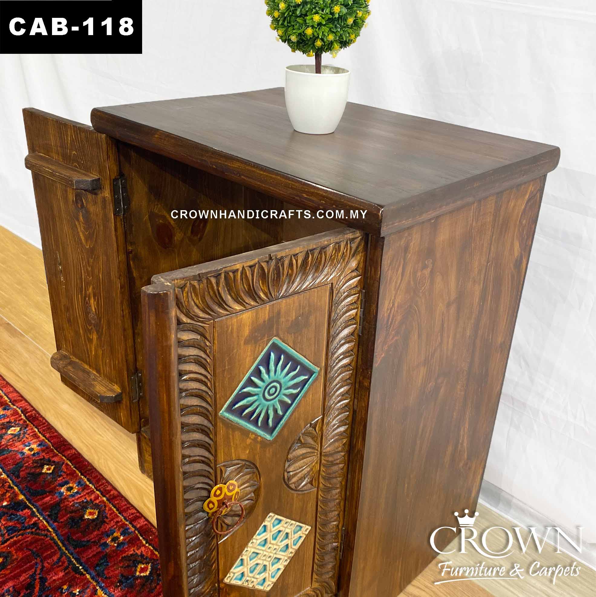 Moroccan Accent Solid Wood Cabinet with 2 Door Hand Carved Furniture Shop in Malaysia | CAB-118 (L24 W16.8 H30 Inches)