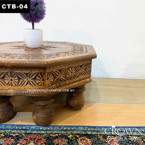Octagon 8 corner Coffee Table Side Table Low Height Antique Style Hand Carved Star with 8 Rounded Legs | CTB-04 (L26 W26 H11 Inches)
