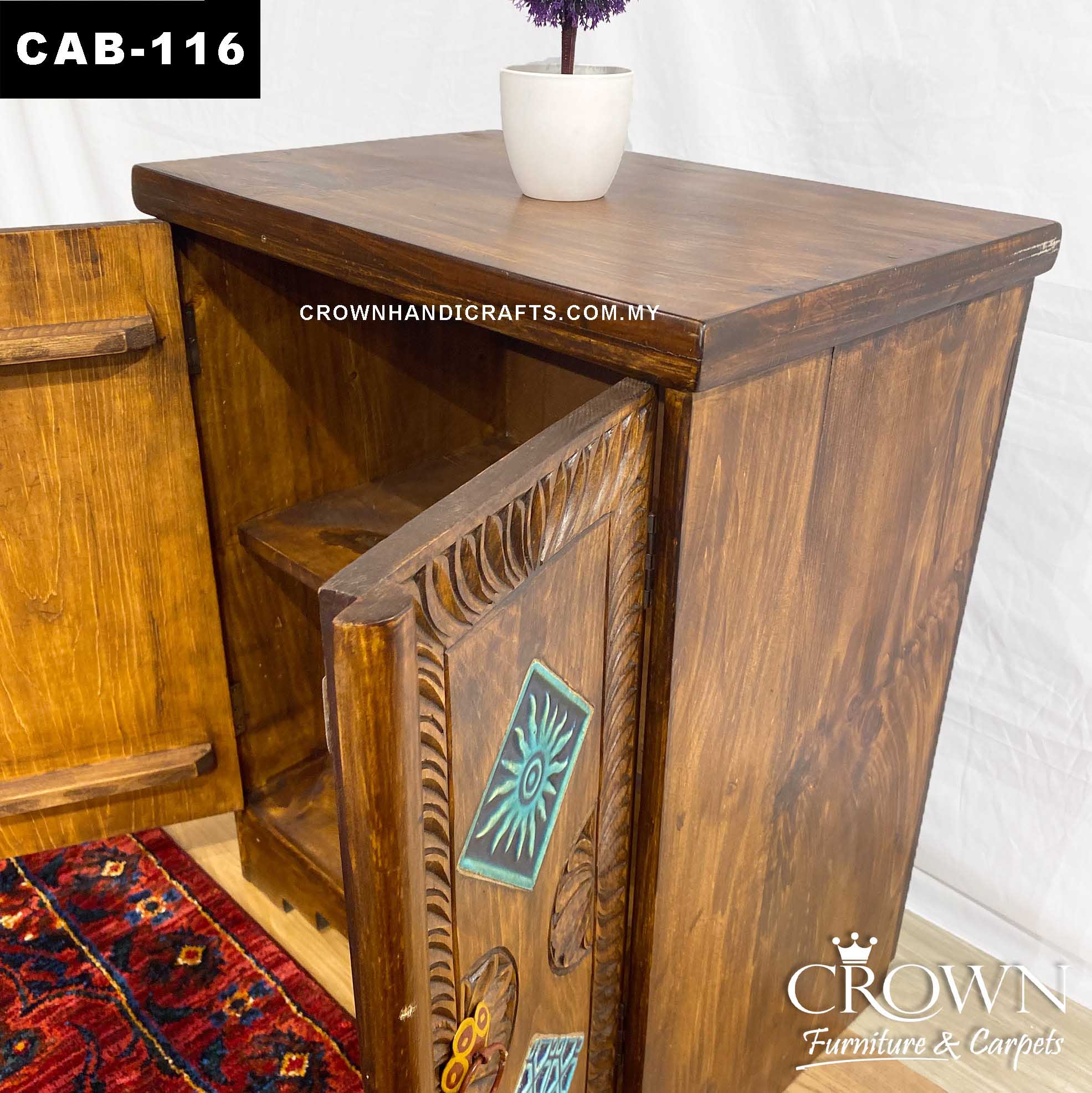 Moroccan Blue Accent Solid Wood Cabinet with 2 Door Hand Carved Furniture Shop in Malaysia | CAB-116 (L24 W15.5 H30 Inches)