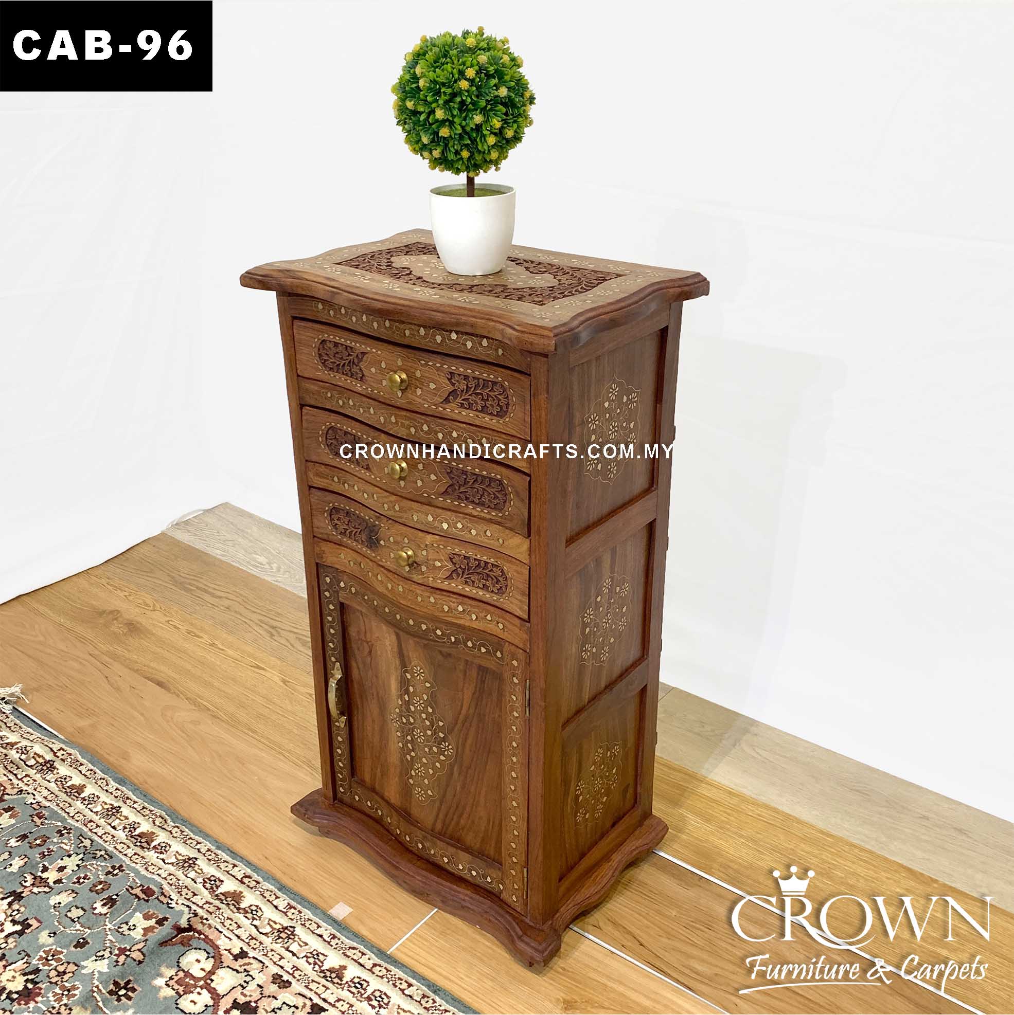 Kashmiri Indian Chester Cabinet, Intricate Carving and Brass Accent, Solid Wood Furniture Showroom in Malaysia | CAB-96 (L18 W11.5 H33 Inches)