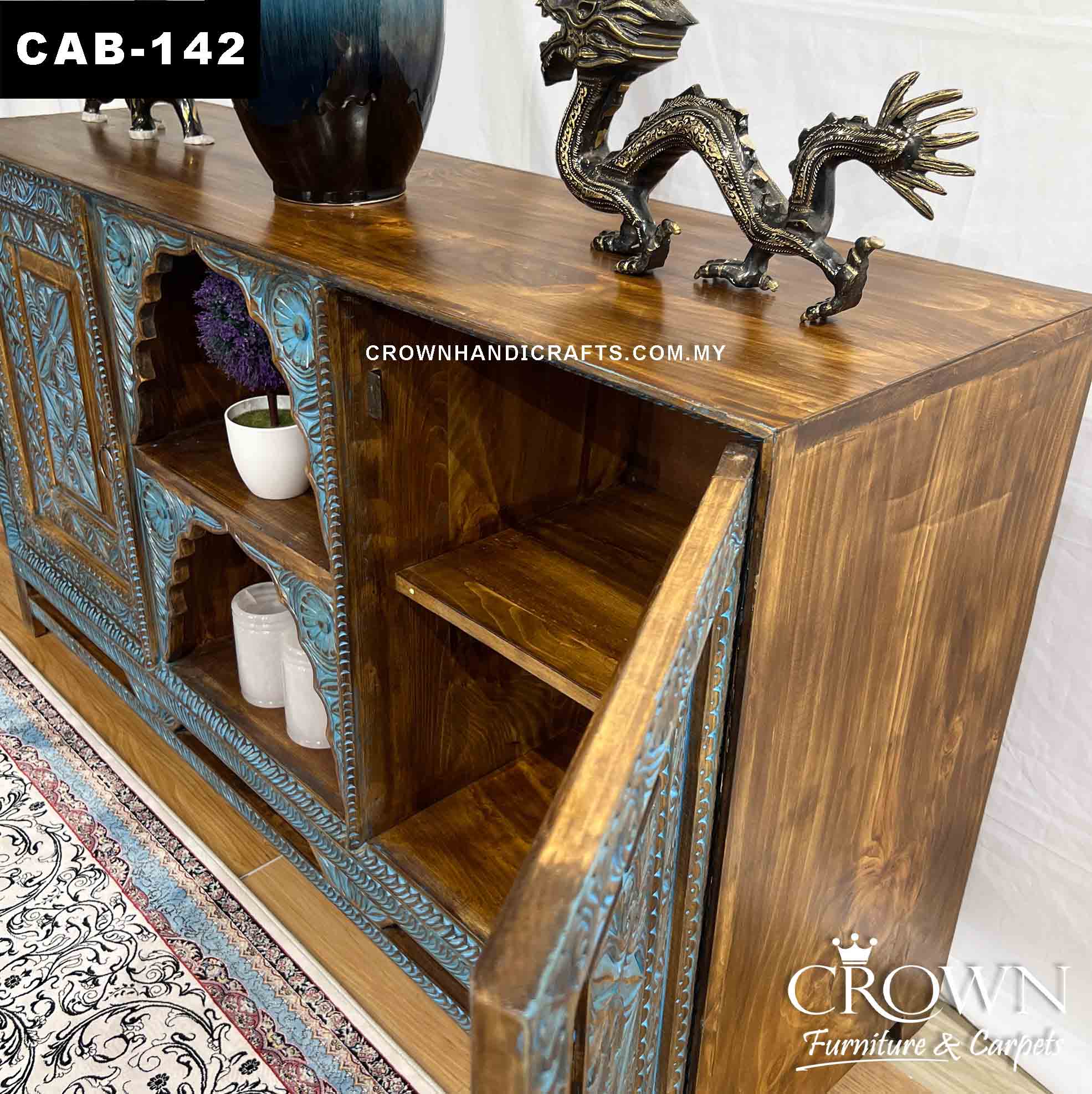 Vintage Teal Blue Display Cabinet Hand Carved Accent Furnitue Shop in Malaysia | CAB-142 (L53.9 W16 H30 Inches)