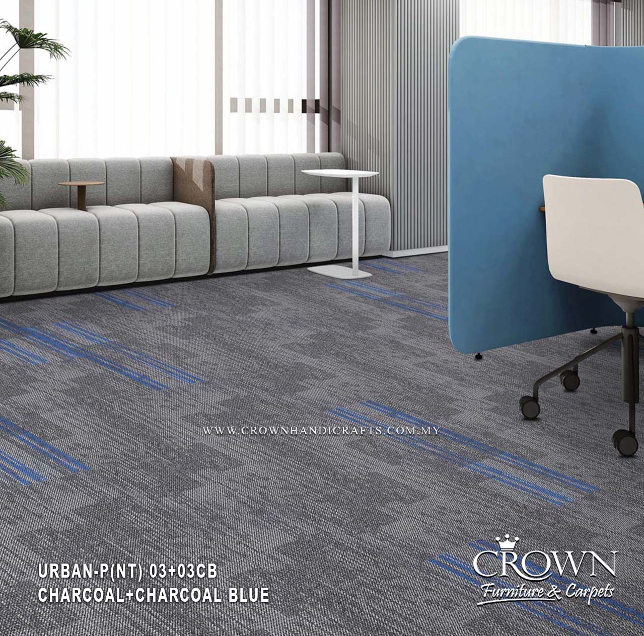 Charcoal grey carpet tile with blue stripe lines and textured loop pile for office flooring