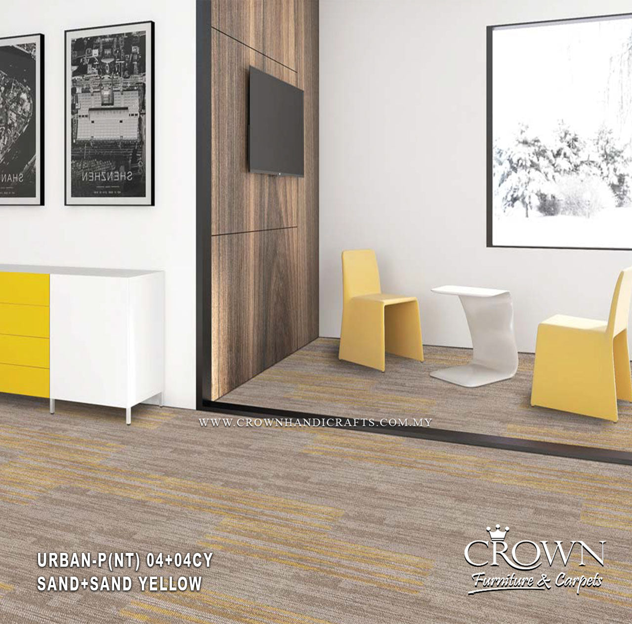 Sand and yellow striped carpet tile with textured loop pile look for modern flooring