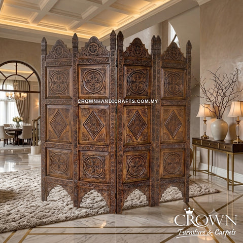 4 Panel Divider - Screen - Partition Folding | Artisan Solid Wood Folding Screen | Double-Sided Hand-Carved 4 Panel Room Divider | DVD 09 (L72 W18 H72 Inches)