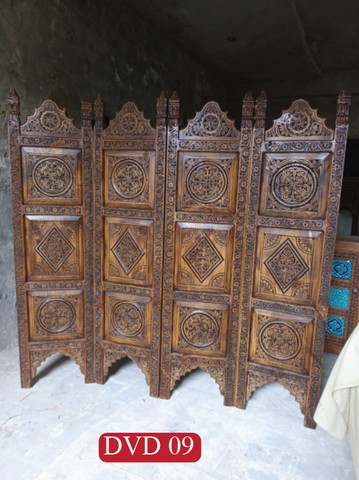 4 Panel Divider - Screen - Partition Folding | Artisan Solid Wood Folding Screen | Double-Sided Hand-Carved 4 Panel Room Divider | DVD 09 (L72 W18 H72 Inches)