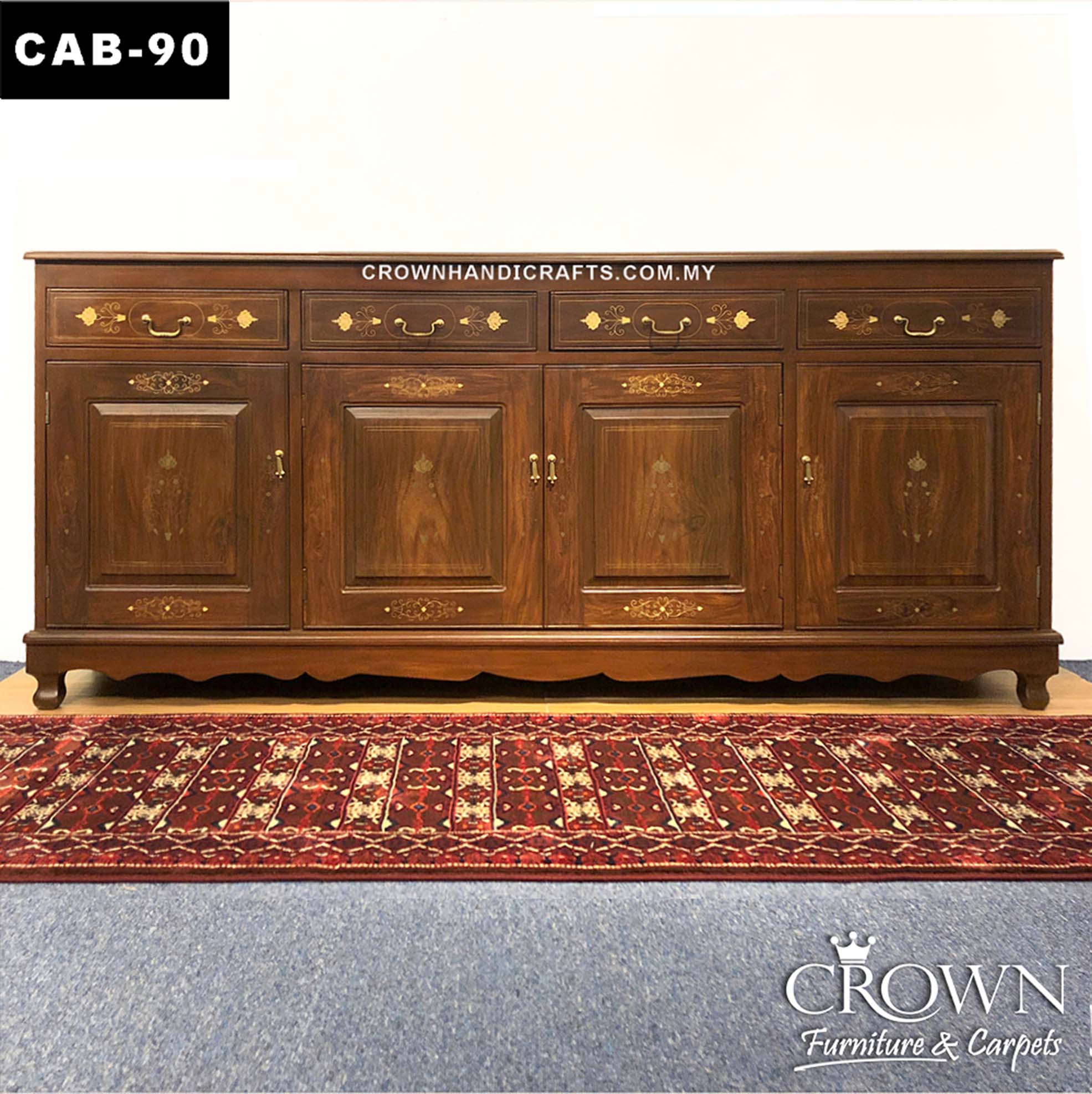 Solid Wood Sideboard Cabinet Hand Carved and Brass In-laid by Artisan, Esssential Furniture for Living Room Teak Wood Furniture in Malaysia | CAB-90 (L84 W18 H37 Inches)