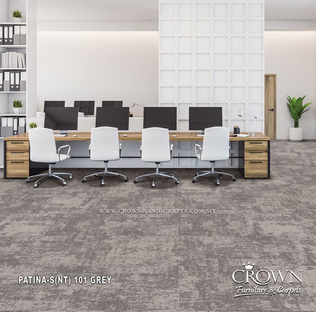 Light grey modular carpet tiles with mottled, speckled texture under office seating