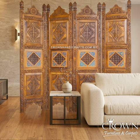 4 Panel Divider - Screen - Partition Folding | Handcrafted Solid Wood Room Divider | Four Panel Double-Sided Hand-Carved Folding Screen with Hand-Painted Blue Artisan Design | DVD 10 (L72 W18 H72 Inches)