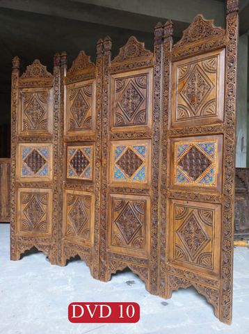 4 Panel Divider - Screen - Partition Folding | Handcrafted Solid Wood Room Divider | Four Panel Double-Sided Hand-Carved Folding Screen with Hand-Painted Blue Artisan Design | DVD 10 (L72 W18 H72 Inches)