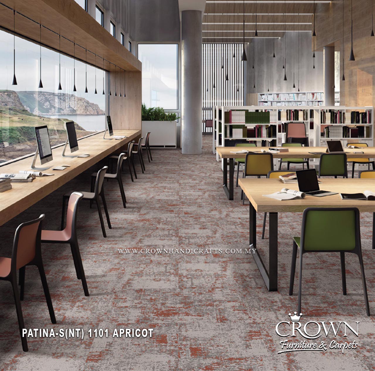 Apricot-toned carpet tiles with grey base and orange flecked mottled pattern