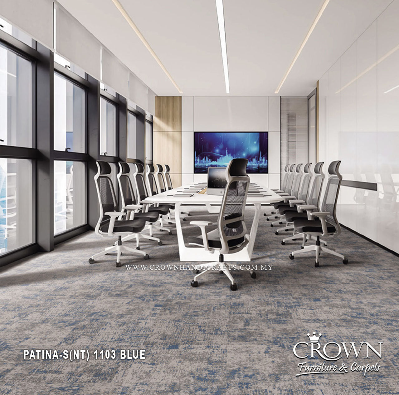 Blue modular office carpet tile with speckled pattern, square 50 cm x 50 cm