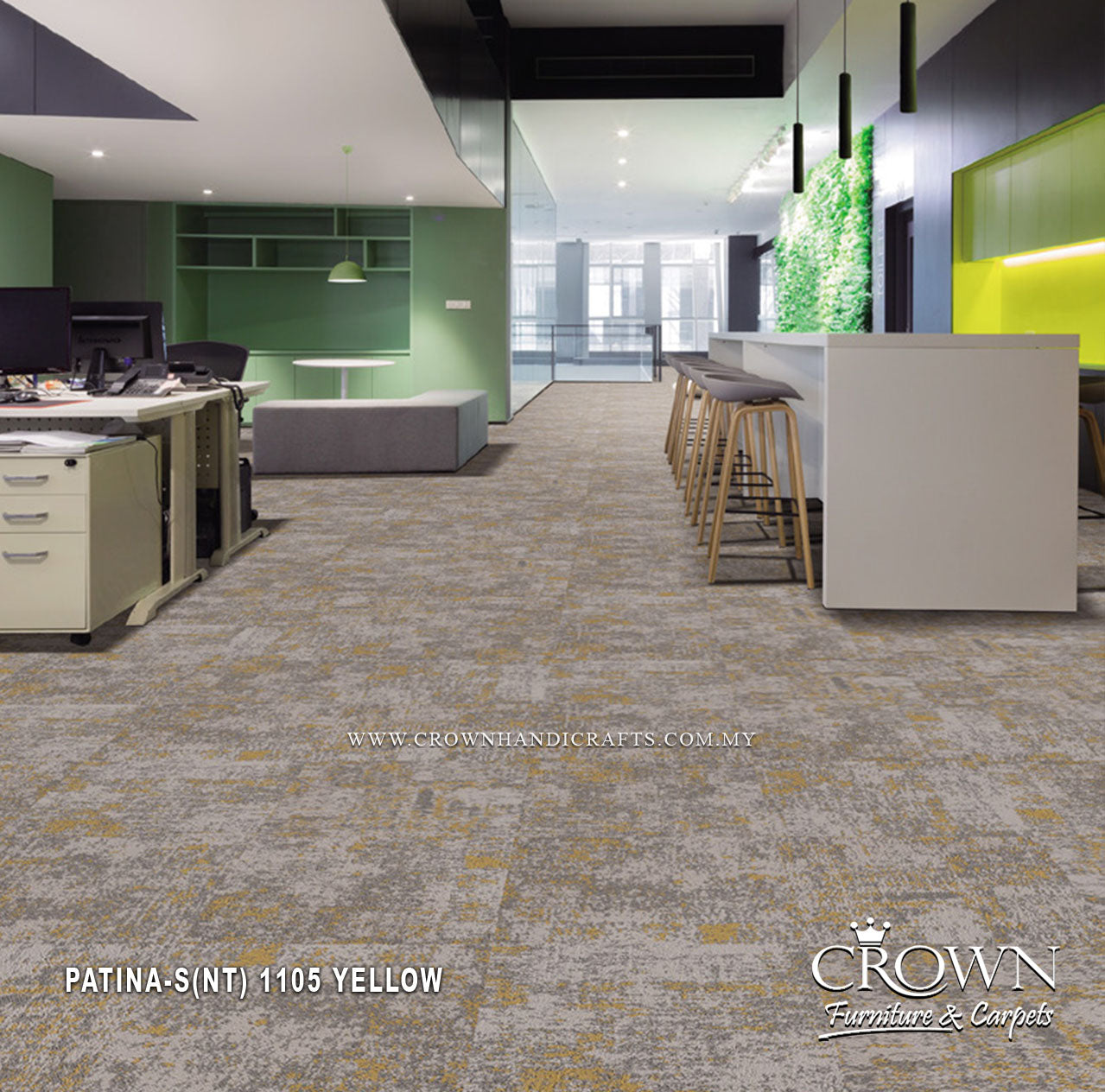 Yellow modular office carpet tile with speckled pattern, square 50 cm x 50 cm