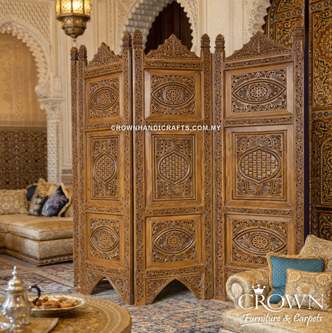 4 Panel Divider - Screen - Partition Folding | Classic Solid Wood Room Divider | Handcrafted Four Panel Folding Screen with Intricate Carvings | DVD 11 (L72 W18 H72 Inches)