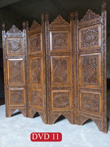 4 Panel Divider - Screen - Partition Folding | Classic Solid Wood Room Divider | Handcrafted Four Panel Folding Screen with Intricate Carvings | DVD 11 (L72 W18 H72 Inches)