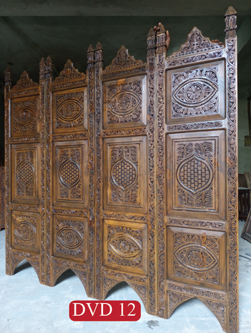 4 Panel Divider - Screen - Partition Folding | Luxury Handcrafted Wooden Room Divider | Four Panel Folding Screen with Double-Sided Carvings | DVD 12 (L72 W18 H72 Inches)
