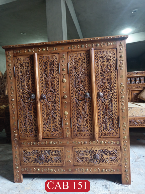Vintage Inspired Solid Wood Cabinet | Handcrafted Teak Storage Cabinet with 2 Doors, 2 Drawers & Brass Accents | CAB 151