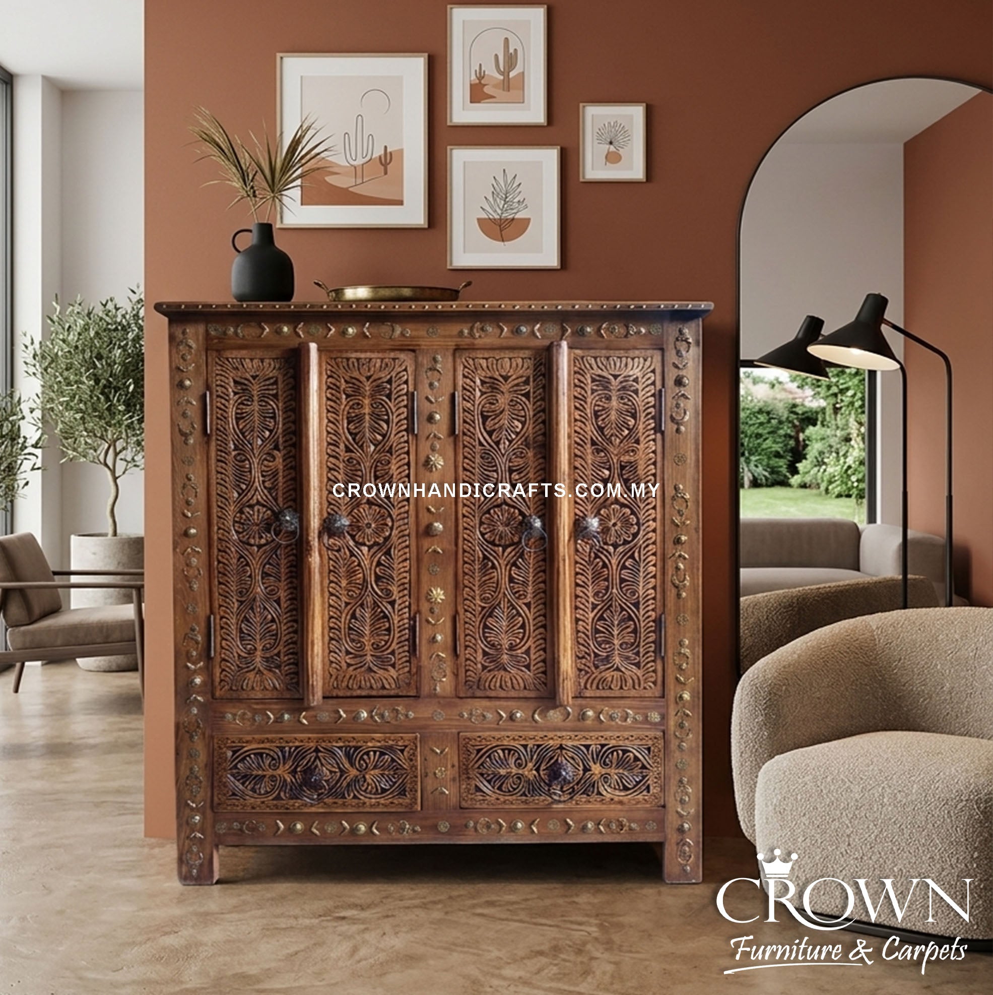 Vintage Inspired Solid Wood Cabinet | Handcrafted Teak Storage Cabinet with 2 Doors, 2 Drawers & Brass Accents | CAB 151