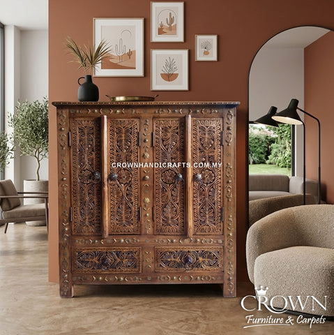 Vintage Inspired Solid Wood Cabinet | Handcrafted Teak Storage Cabinet with 2 Doors, 2 Drawers & Brass Accents | CAB 151