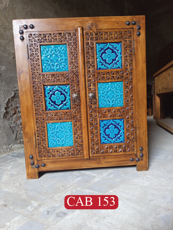 Moroccan Heritage Solid Wood Cabinet with Bold Blue Finish & Handcrafted Artisan Details | 2 Door Storage Cabinet | CAB 153