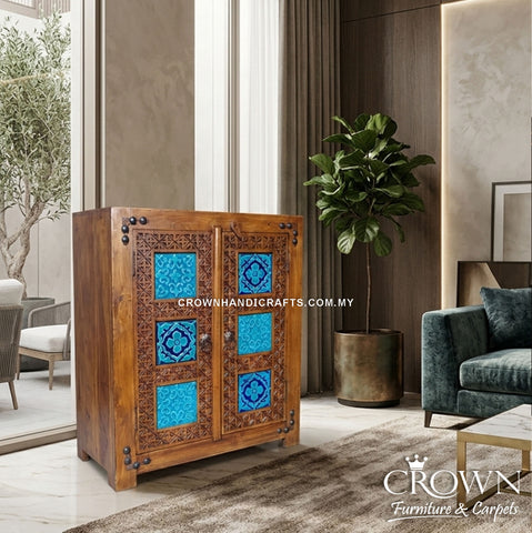 Moroccan Heritage Solid Wood Cabinet with Bold Blue Finish & Handcrafted Artisan Details | 2 Door Storage Cabinet | CAB 153